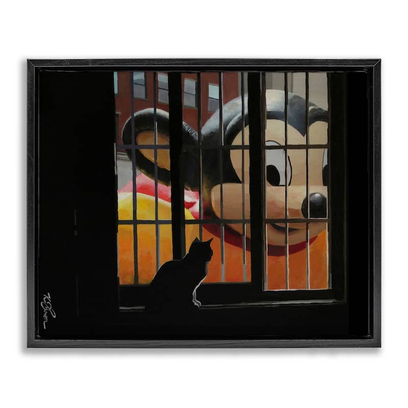 Stupell Mouse Character Peering at Cat Framed Floater Canvas Wall Art Design By Keith Thomson - 21 x 17 - Black