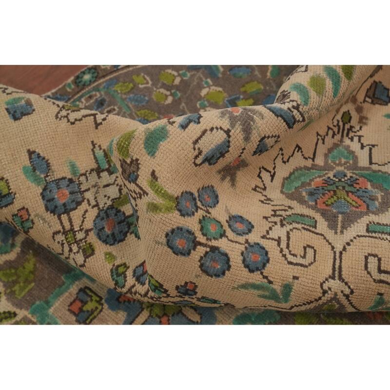 Hand Knotted Oriental 100% Wool Carpet Traditional Floral Beige & Ivories Tabriz Area Rug - 9' 5'' X 6' 5''