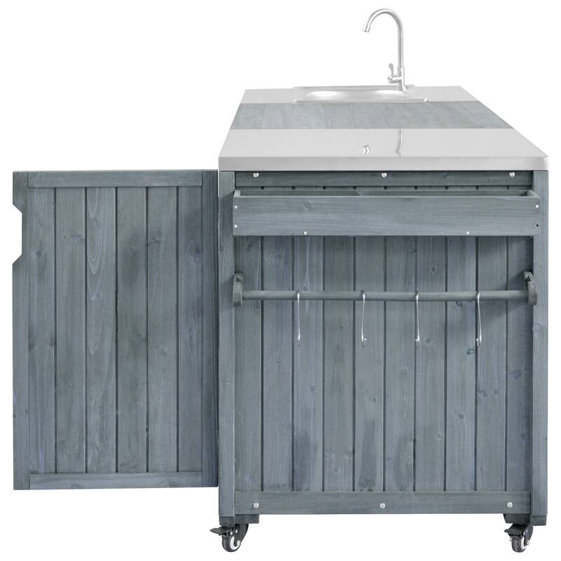 75.4 Inch Outdoor Grill Cart with Sink Solid Wood Rolling Bar Cart for XL Grills