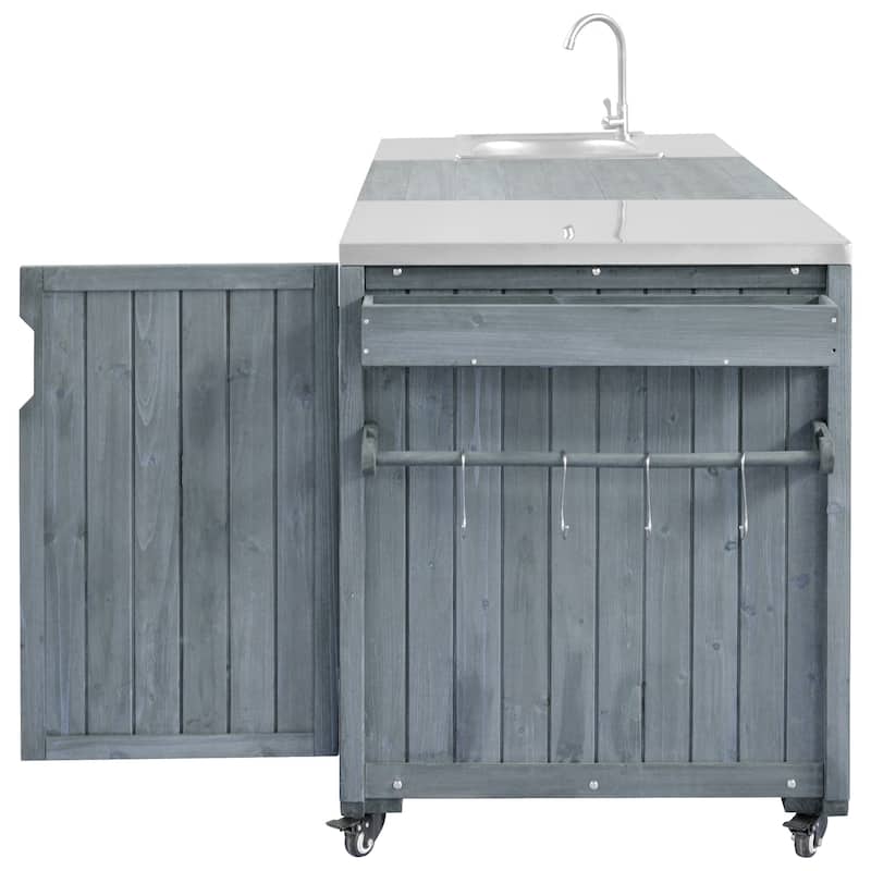 Kitchen Island with Sink, Grill Cart for Big Green Egg Grills, Rolling Bar Cart with Stainless Steel Top for Pizza Prep and BBQ