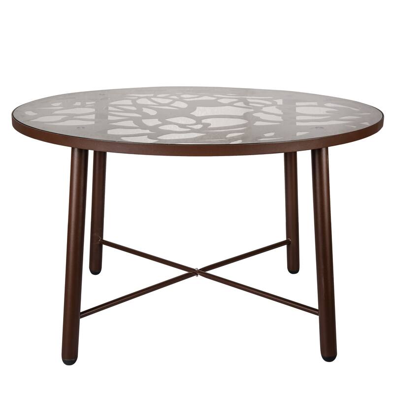 48 in. Round Outdoor Dining Table in Aluminum with Tempered Glass Tabletop - 47.25 x 47.25 - Brown