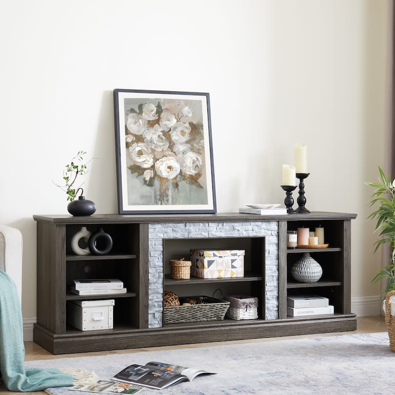TV Media Stand with Faux Stacked Stone, Console Table with Large Storage Cabinet, Media Entertaionment Stand with Shelves