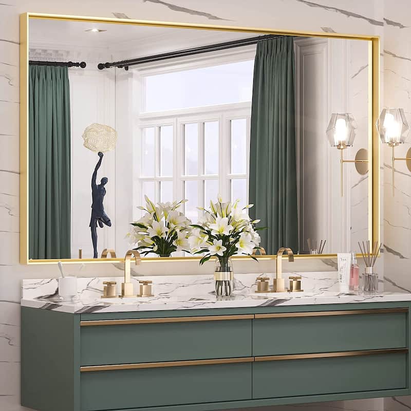 KEONJINN Modern Metal Framed Bathroom Vanity Wall Mounted Mirror - 60x36 - Gold