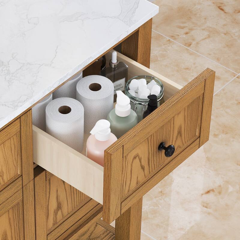 48 Inch Single Bathroom Vanity with 6 Drawers, Marble Top Bathroom Vanity with Sink in White