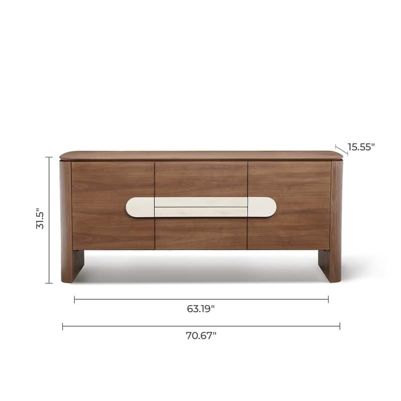 Spruce & Spring Modern Walnut Sideboard with Travertine Accent Handle, Minimalist Storage Console