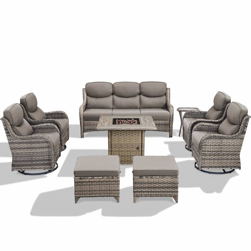 Pocassy Outdoor Propane Fire Pit Table with Sofa Swivel Chair Funiture Set.