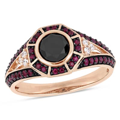 Miadora 1ct TDW Black White Diamond 1/2ct TGW Ruby Octagon Halo Ring in 10k Rose Gold