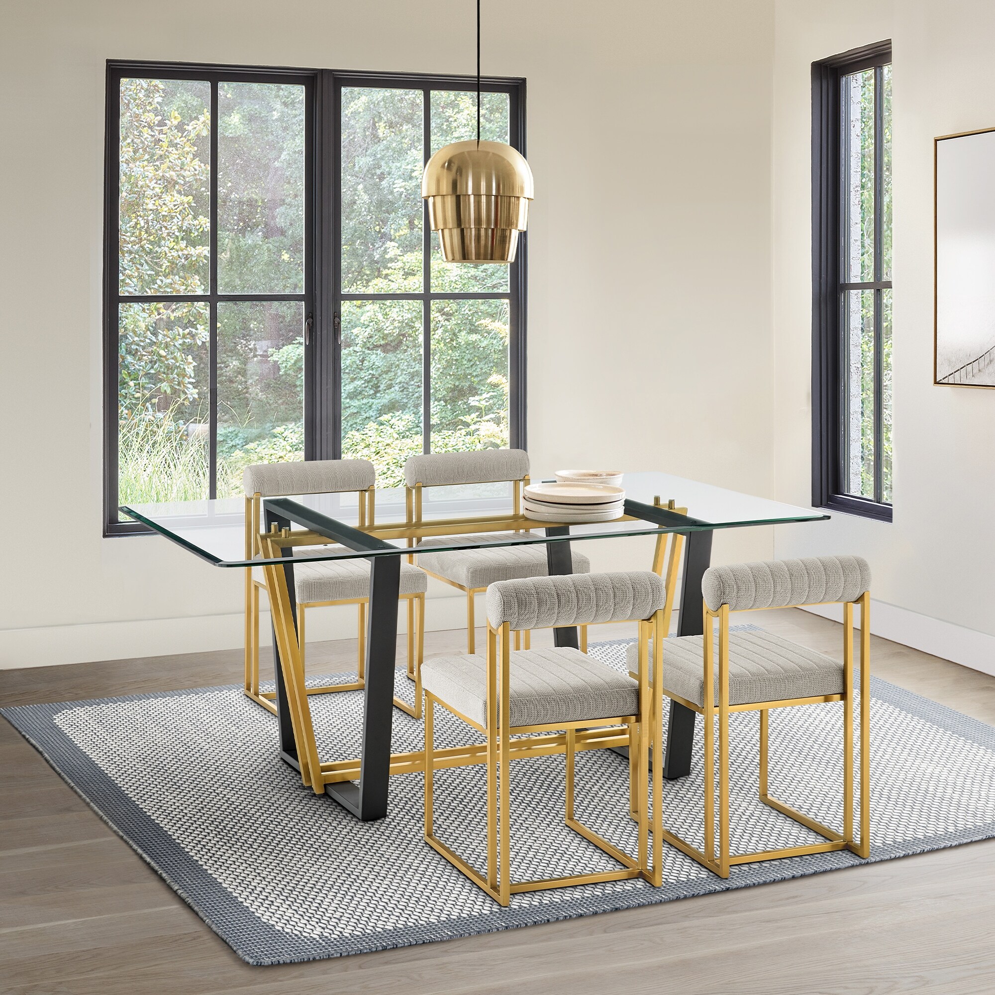 Kai 72 Inch Glass and Black Steel Rectangular Dining Table