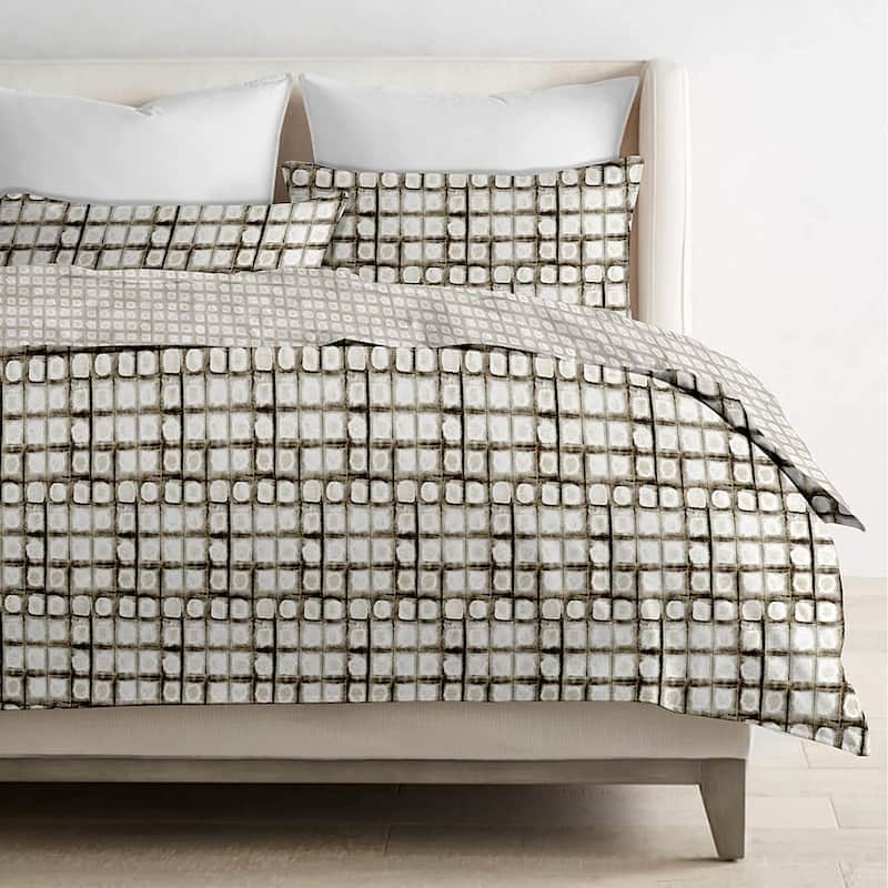 Delara GOTS Certified 100% Organic Cotton Damask Reversible Print Duvet Cover and Sham Set of 2, White/Brown