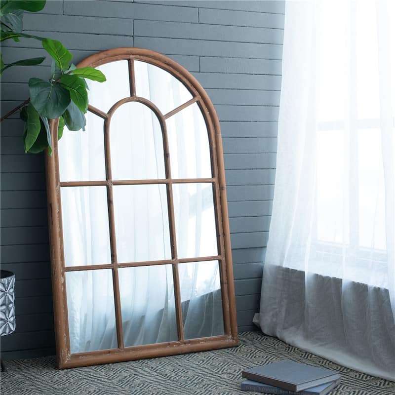 Large Arched Accent Mirror with Brown Frame w/ Decorative Window Look