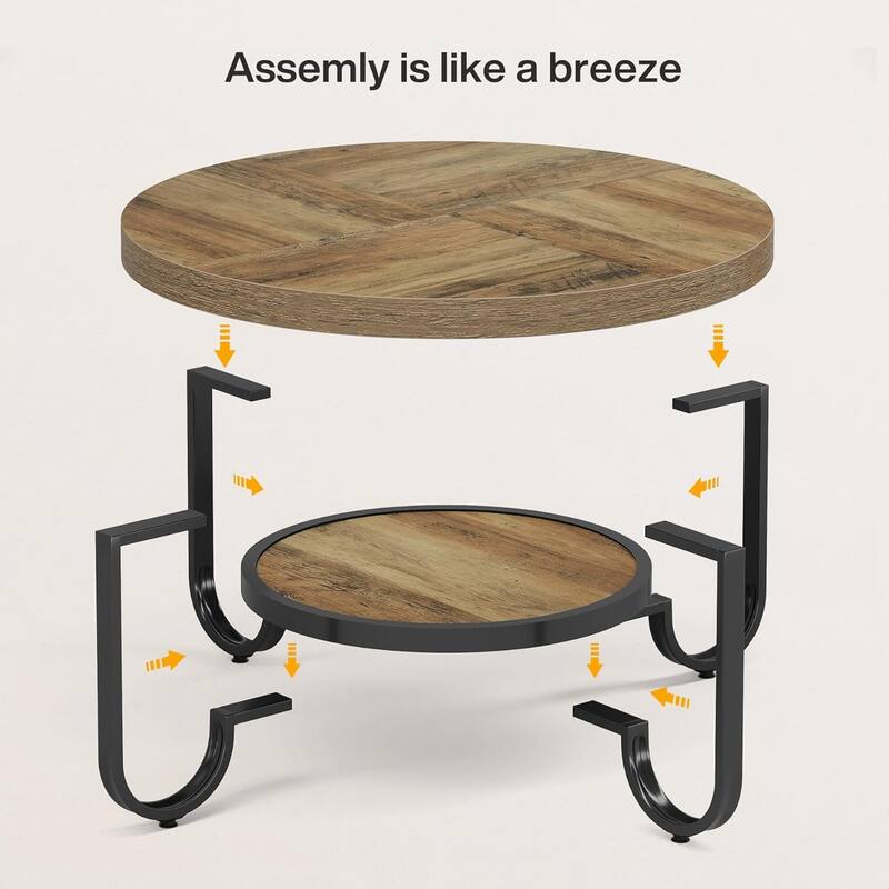 31.1 Inches Brown MDF Round Coffee Table, 2-Tier Industrial Center Table for Living Room