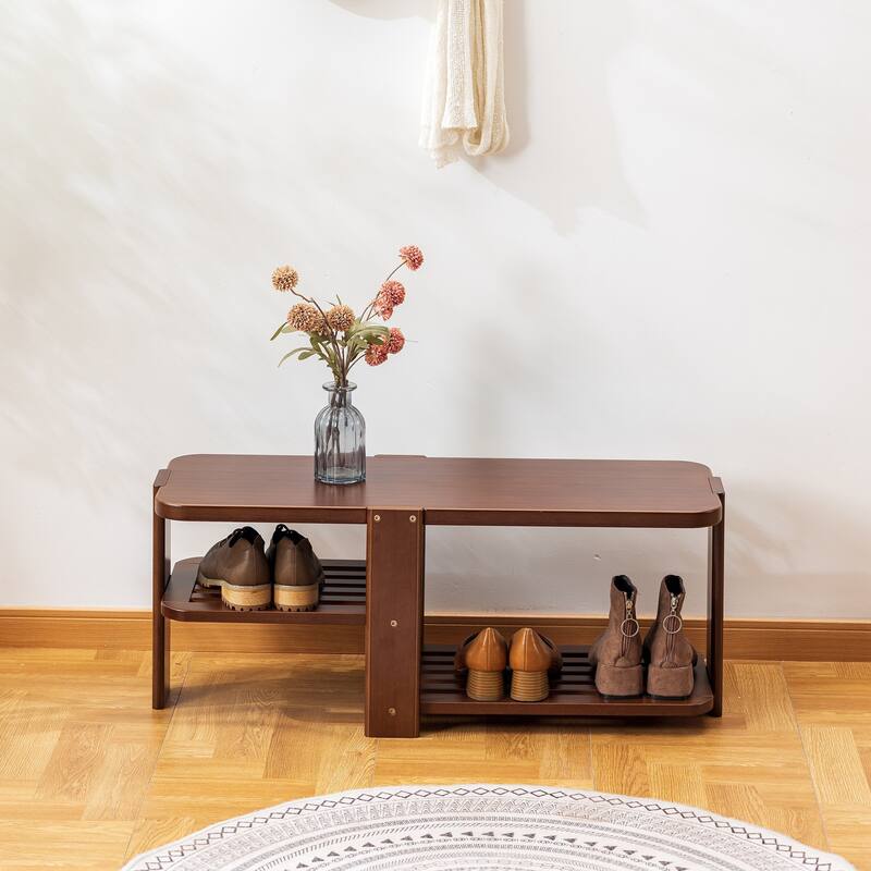 2-Tier Wood Shoe Rack Bench, Shoe Storage Organizer, Entryway Bench