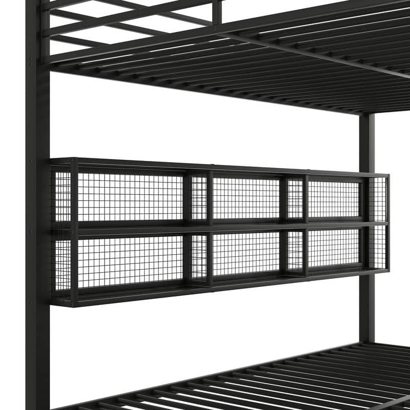 Metal Queen over Queen Bunk Bed with Storage Cabinets and LED, Black