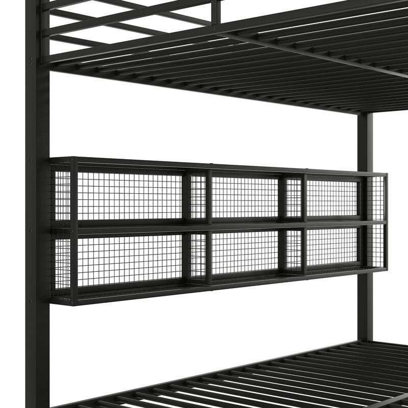Queen over Queen Size Bunk Bed with Mesh Storage Cabinets and LED Lights, Metal Bed Frame with Ladder and Guardrail