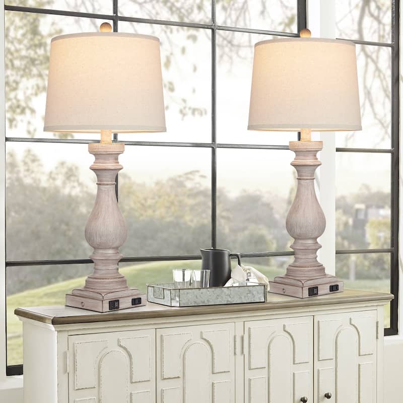 Table Lamps Resin Grey Vintage Oblique Shade USB Type-C Charging Ports (Set of 2) - 12.5'' x 12.5'' x 29'' (L x W x H)