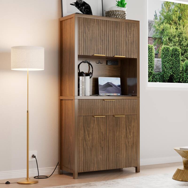 71"Pantry Storage Cabinet with Drawer, Charging Station and Open Countertop for Dining Living Room