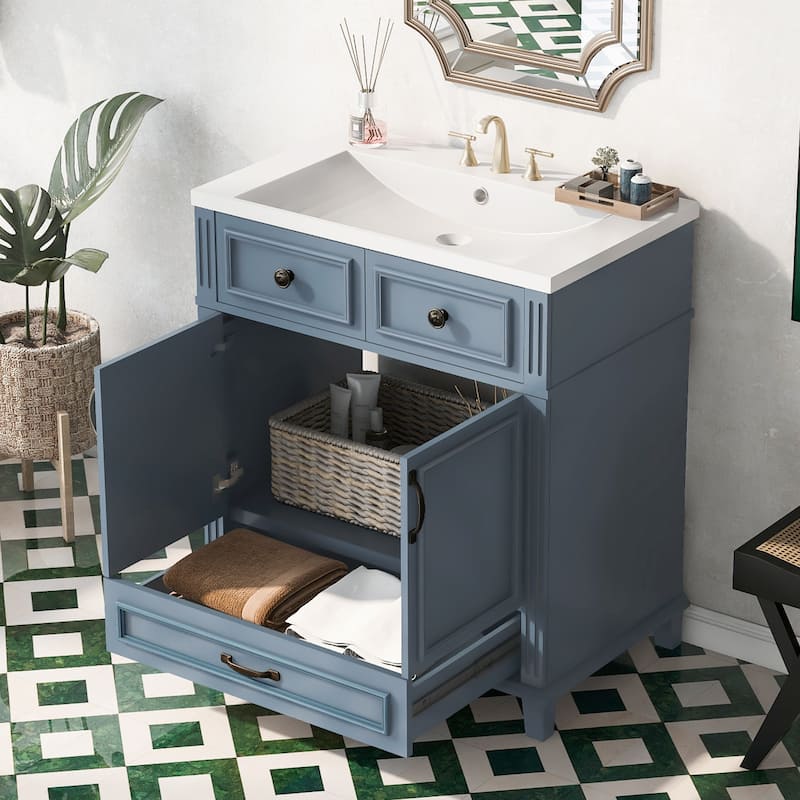 30'' Bathroom Vanity with Resin Sink,Solid Wood Frame Bathroom Storage Cabinet with Soft Closing Doors