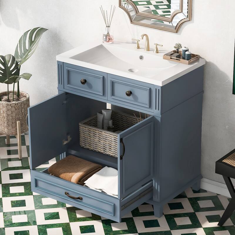 30-Inch Blue Modern Bathroom Vanity with Resin Sink, Soft-Close Doors & Multi-Purpose Storage Cabinet