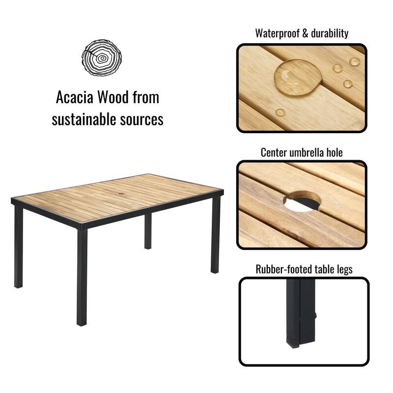 All Weather 7-Piece Patio Dining Table Sets, Patio Conversation Set Acacia Wood Table Top with Umbrella Hole