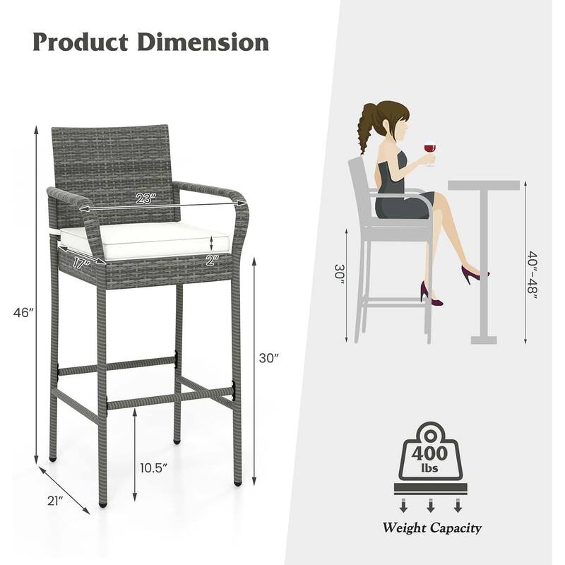 2/4 Pack Outdoor Bar Chairs Set Rattan Bar Stools w/ Seat Cushions