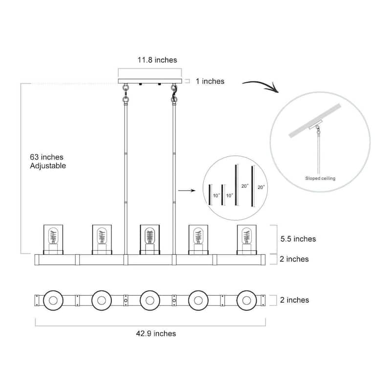 The Gray Barn Farmhouse 5-Light Wood Linear Chandelier Glass Island Lights - L42.9"xW4.7"xH7.5"