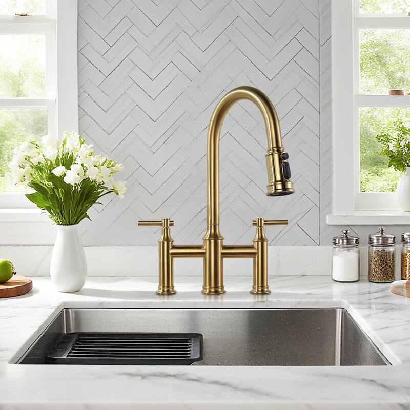 WOWOW Double Handle Pull Down Sprayer Bridge Kitchen Faucet