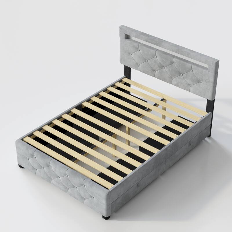 Upholstered Platform Bed, Velvet Fabric Storage Bed Frame with 4 Drawers and LED Headboard, No Box Spring Needed