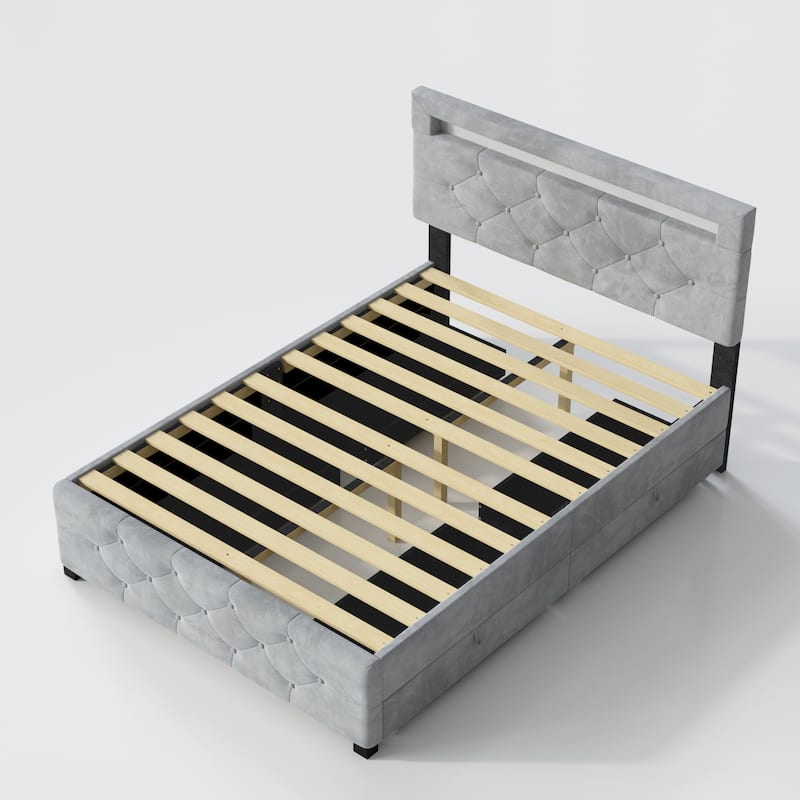 Upholstered Platform Storage Bed Frame with 4 Drawers and LED Light,No Box Spring Needed