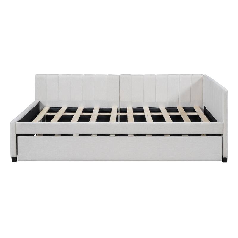 L-Shaped Backrest Daybed Upholstered Daybed Frame Classic Wood Slats Design with 2 Storage Drawers or Trundle, Full Size