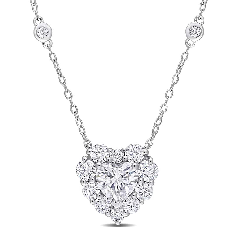 Miadora 2 1/10ct DEW Heart-cut Moissanite Halo Station Necklace in Sterling Silver