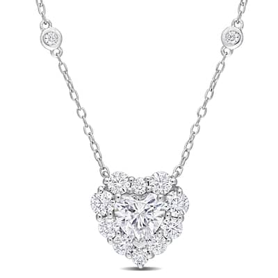 Miadora 2 1/10ct DEW Heart-cut Moissanite Halo Station Necklace in Sterling Silver