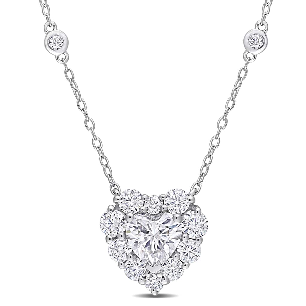 Miadora 2 1/10ct DEW Heart-cut Moissanite Halo Station Necklace in Sterling Silver