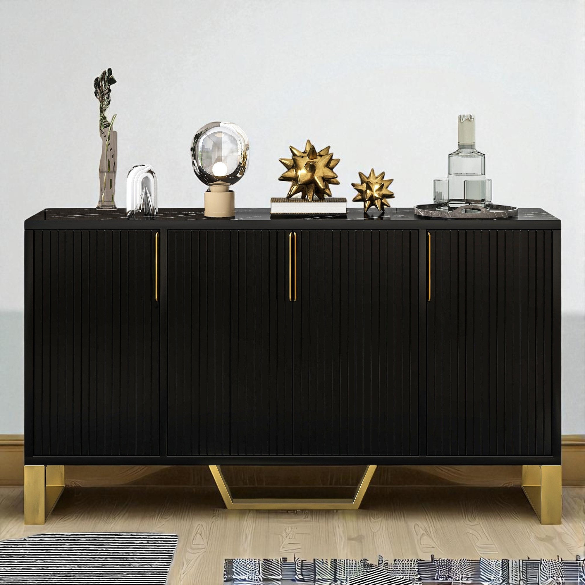 Modern Sideboard Buffet Cabinet with 4 Doors, Adjustable Shelves, Gold Metal Legs & Marble-Style Top for Kitchen, Dining Room