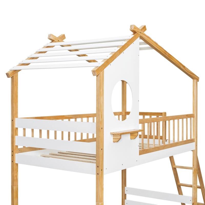 Twin Size House Bunk Bed with Ladder, Wooden Kids Playhouse Bunk Bed Frame with Roof and Window, Solid Pine Floor Bunk Bed Frame