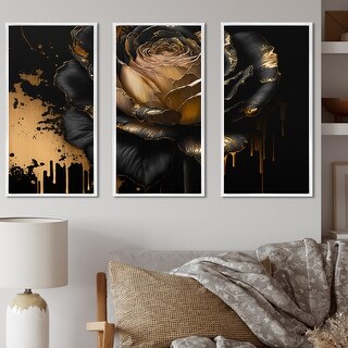 Designart "Black And Gold Rose II" Floral Rose Framed Canvas Art Print ...
