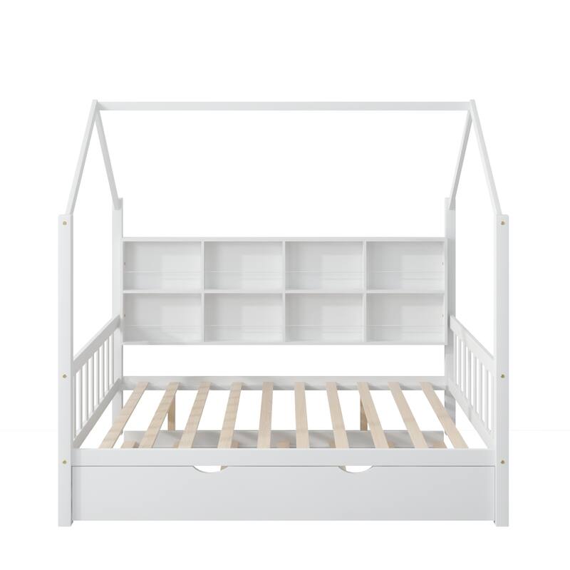 Wooden Full Size House Bed with Trundle,Kids Bed with Shelf