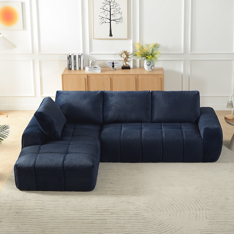 L-Shape Sectional Sofa with Chaise, Oversized Faux Fur Upholstered Sofa, Comfy Sleeper Couch for Living Room, Apartment - Dark Blue