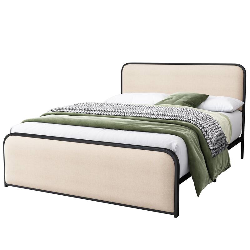 Modern Metal Platform Bed Frame with Upholstered Curved Headboard & Footboard, Heavy Duty Slats, Queen/King