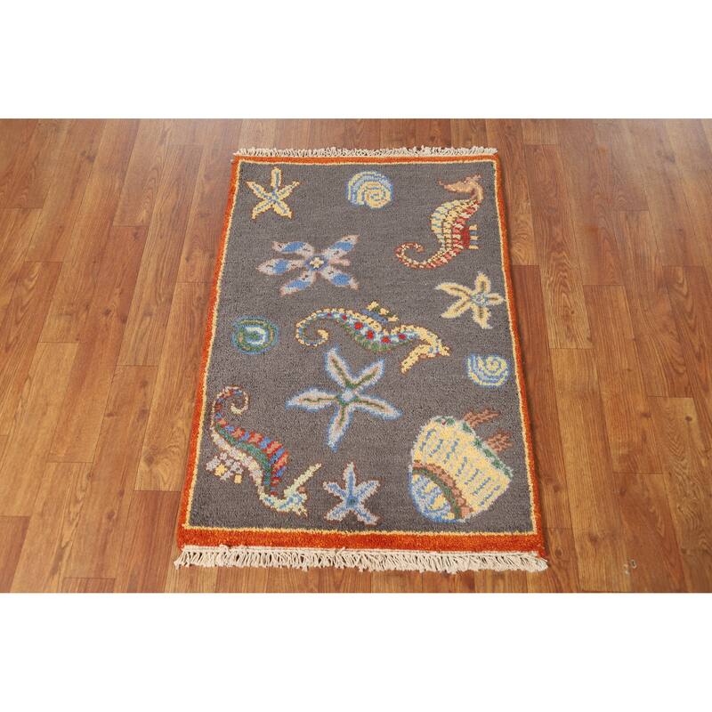 Hand Knotted Oriental 100% Wool Carpet Traditional Animal Pictorial Greys & Charcoal Art Deco Area Rug - 3' 0'' X 2' 0''
