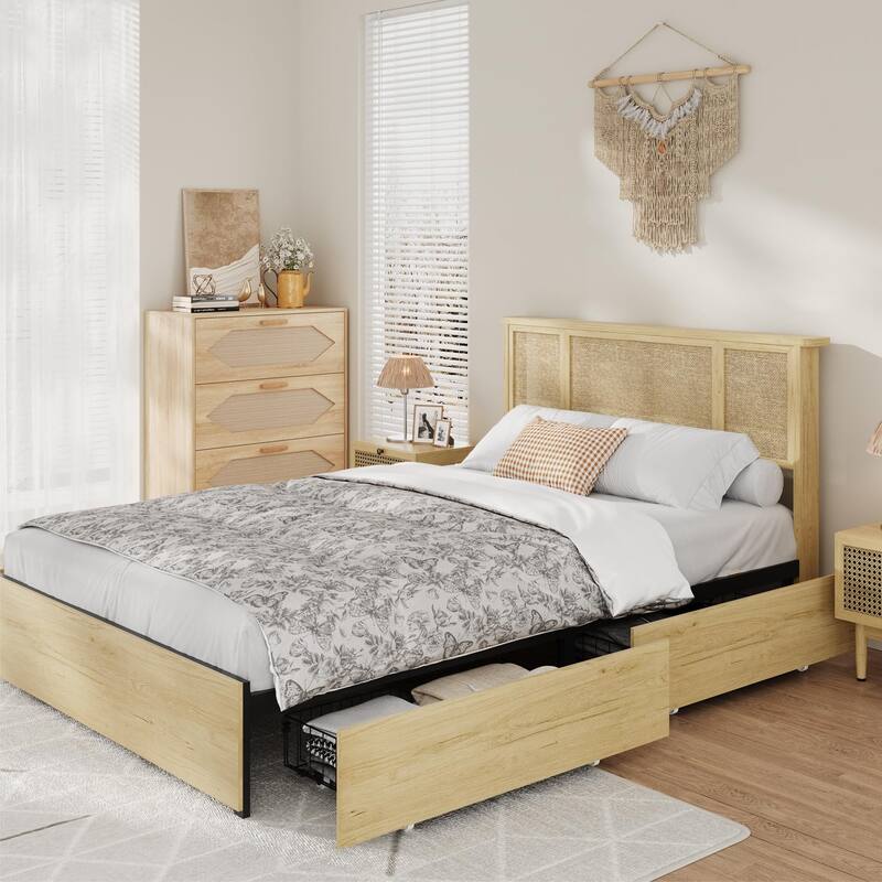 Boho Rattan Headboard Bed Frame with Under-Bed Storage, Sturdy Steel Base & Wooden Slats, No Box Spring Needed