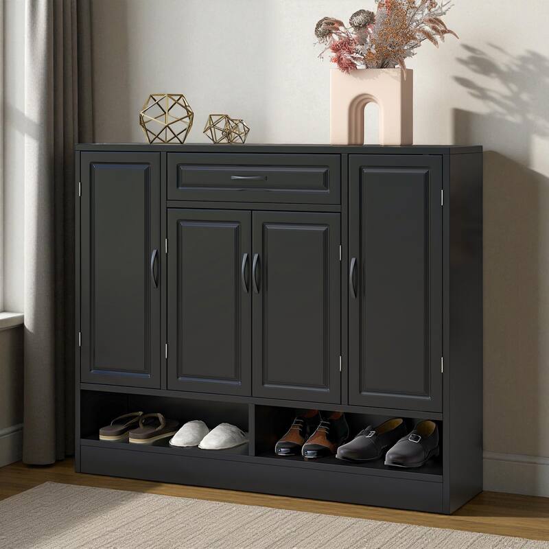 47.2" Modern Shoe Storage Cabinet with Adjustable Shelves, Minimalist Freestanding Shoe Organizer with Drawer for Entryway - Black