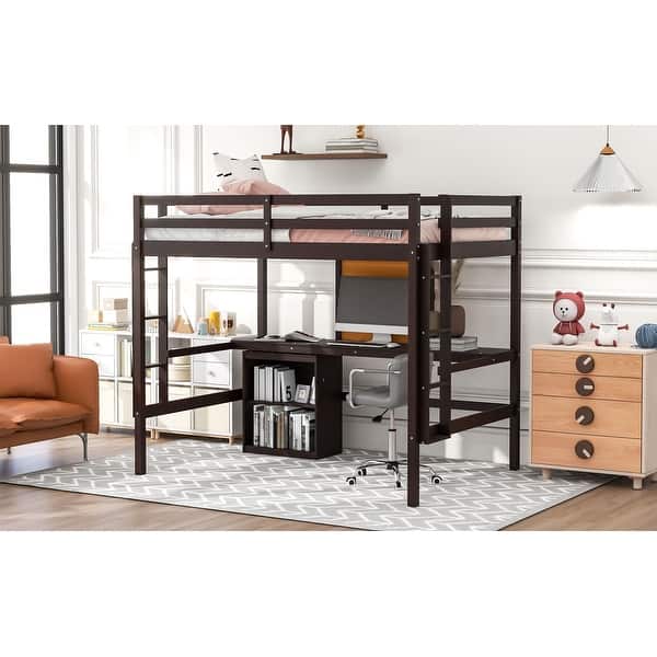 slide 2 of 25, Full size Loft Bed with Desk and Writing Board, 2 Drawers Cabinet Espresso