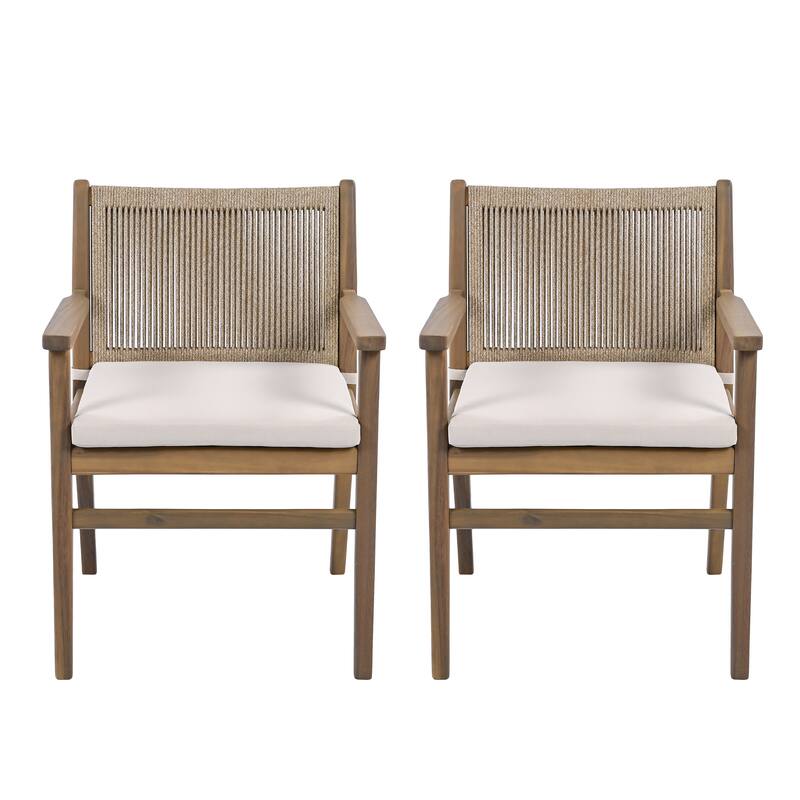 Roomfitters Outdoor Dining Chairs Set of 2, Acacia Wood Armchairs with Rope Back and Cushions, Patio Seating