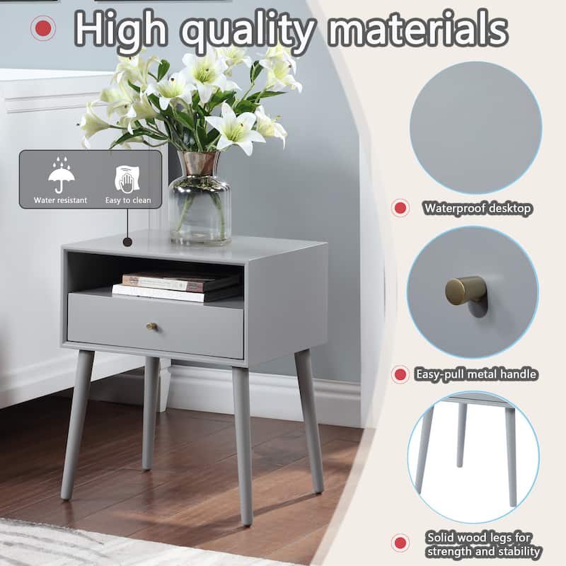Night Stand with Drawer,Modern Nightstand,Bedside Tables,Mid Century Nightstands with Open Storage Shelf