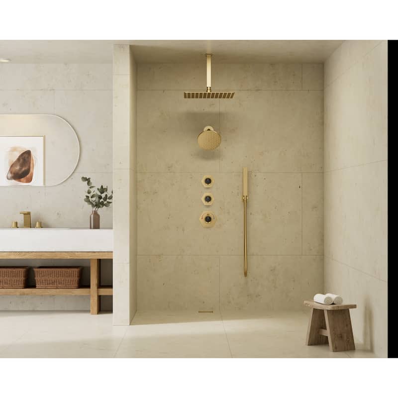 GRANDJOY Thermostatic Shower Faucet Set 12" Ceiling and 6" Wall Mount Rainfall Dual Shower Heads with Handheld Spray Combo