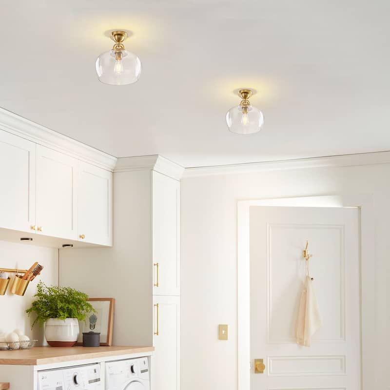 1-Light Modern Metal & Glass Flush Mount with Transparent Open Flat-Ball Shade for Bedroom - 11.8 in. W x 13 in. H