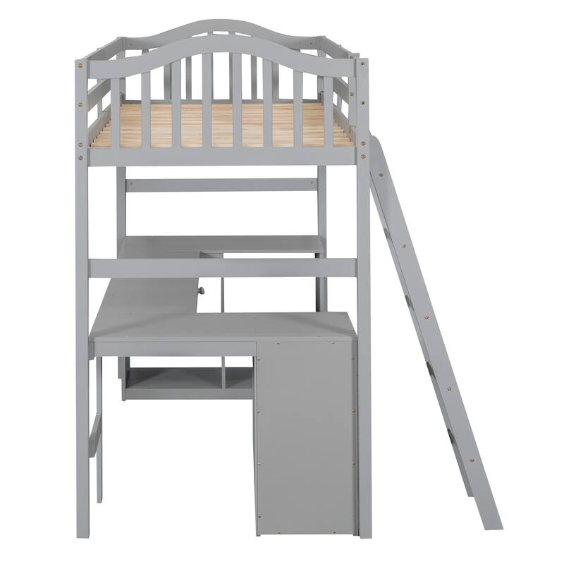 Loft Bed with Drawers, Cabinet, Shelves and Desk, Wooden Loft Bed with Desk