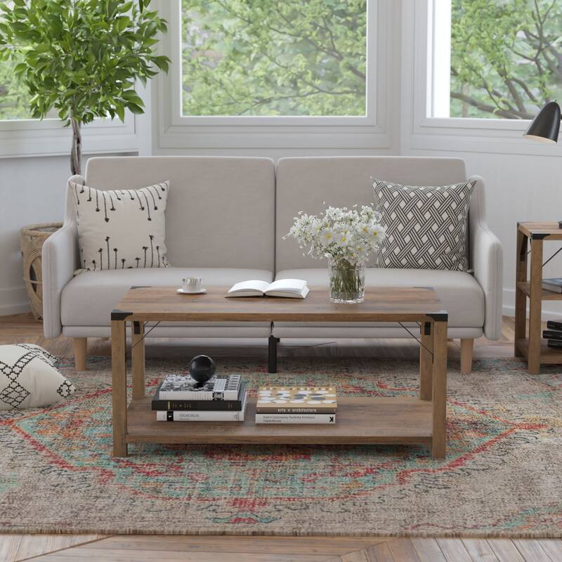 2-Tier Coffee Table with Metal Side Braces and Corner Caps - Rustic Oak
