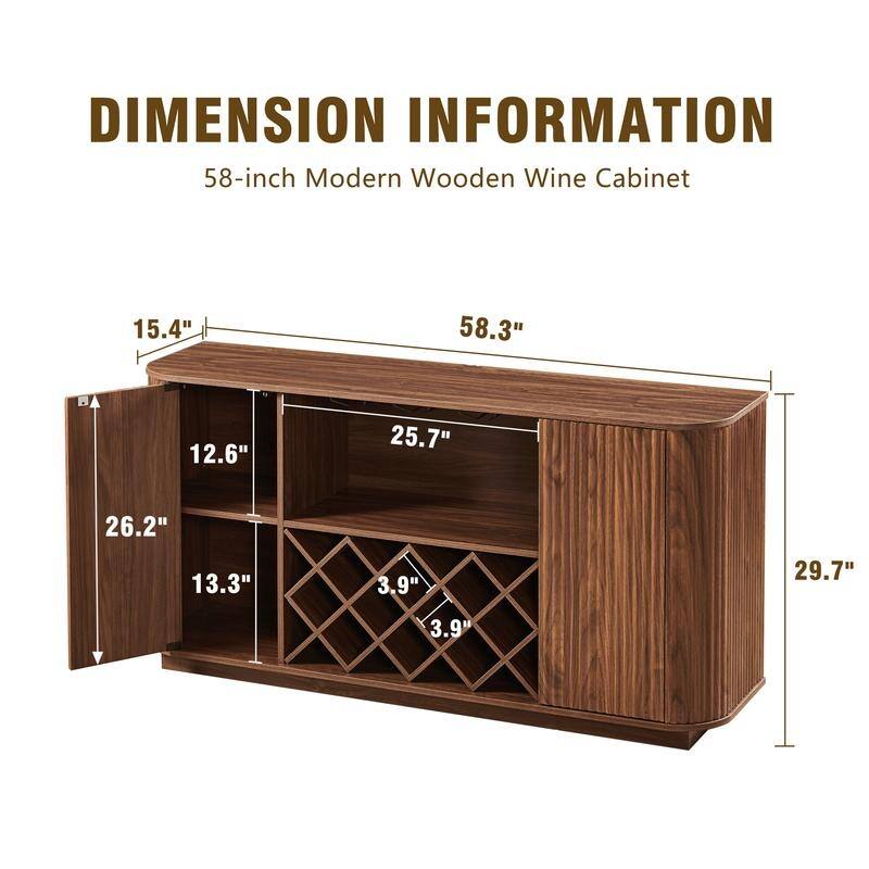 Modern 58" Fluted Curved Sideboard Multifunctional Storage Cabinet with Wine Rack and Adjustable Shelves