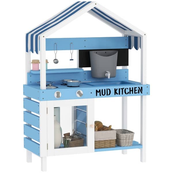slide 2 of 9, Qaba Mud Kitchen for Kids, Outdoor Play Kitchen with Sink, Faucet, Water Tank, Storage Shelves, Accessories, Blue 5-7 Years